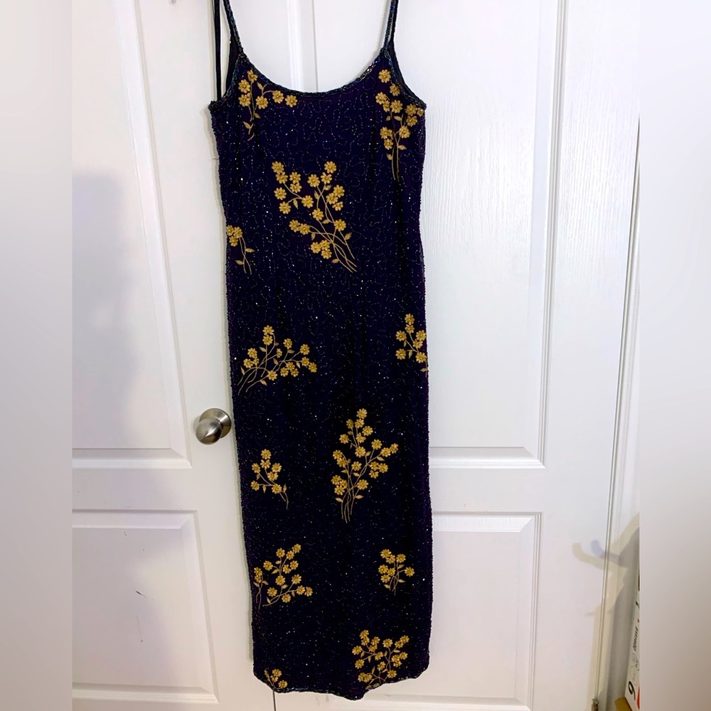 Long navy blue and gold beaded formal dress